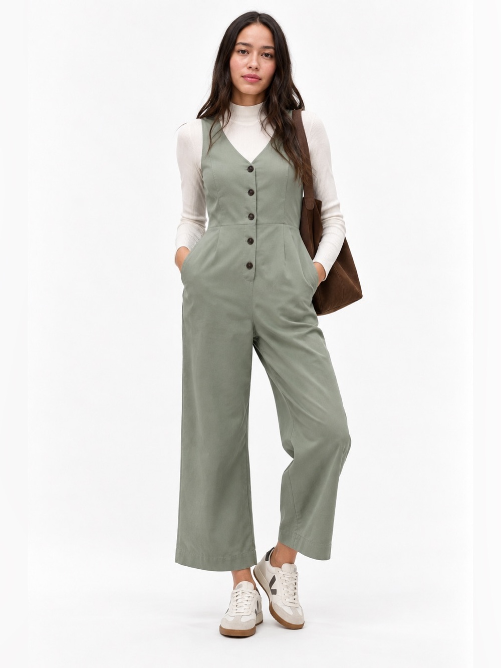 GAP Sage Green Tencel Button Front Wide Leg Cropped Jumpsuit Size 6